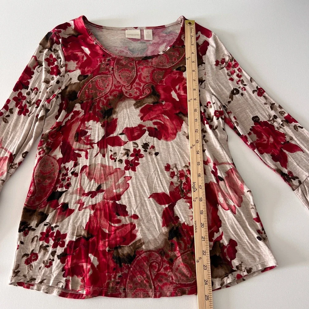 Chicos Size 0 Small Floral Paisley Print Bell Sleeve‎ Top Blouse Soft Knit Boho